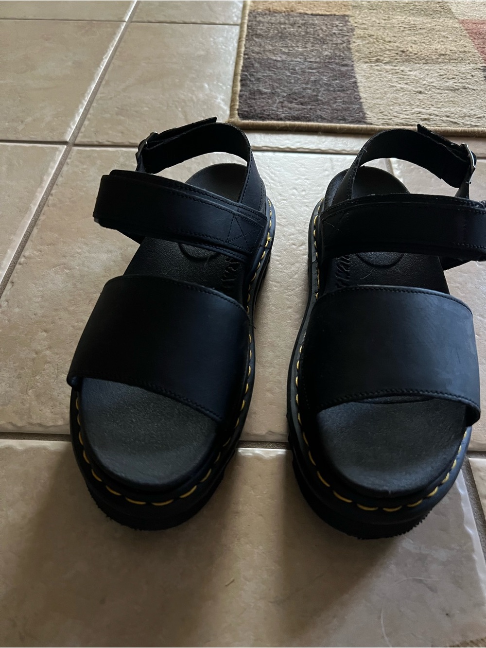 NWT Dr Martens VOSS Black Leather Platform Sandals with Yellow Stitching - Picture 2 of 5